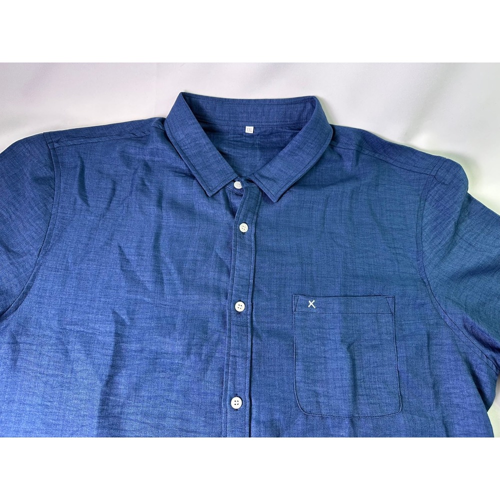 Mens 2XL Blue Short Sleeve Button Up Shirt 100% Polyester Textured Pocket Casual